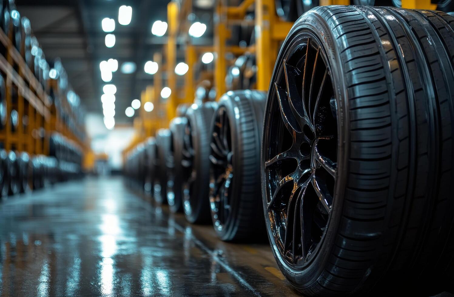 Tires stacked in a warehouse during the day highlighting storage organization and maintenance. photo