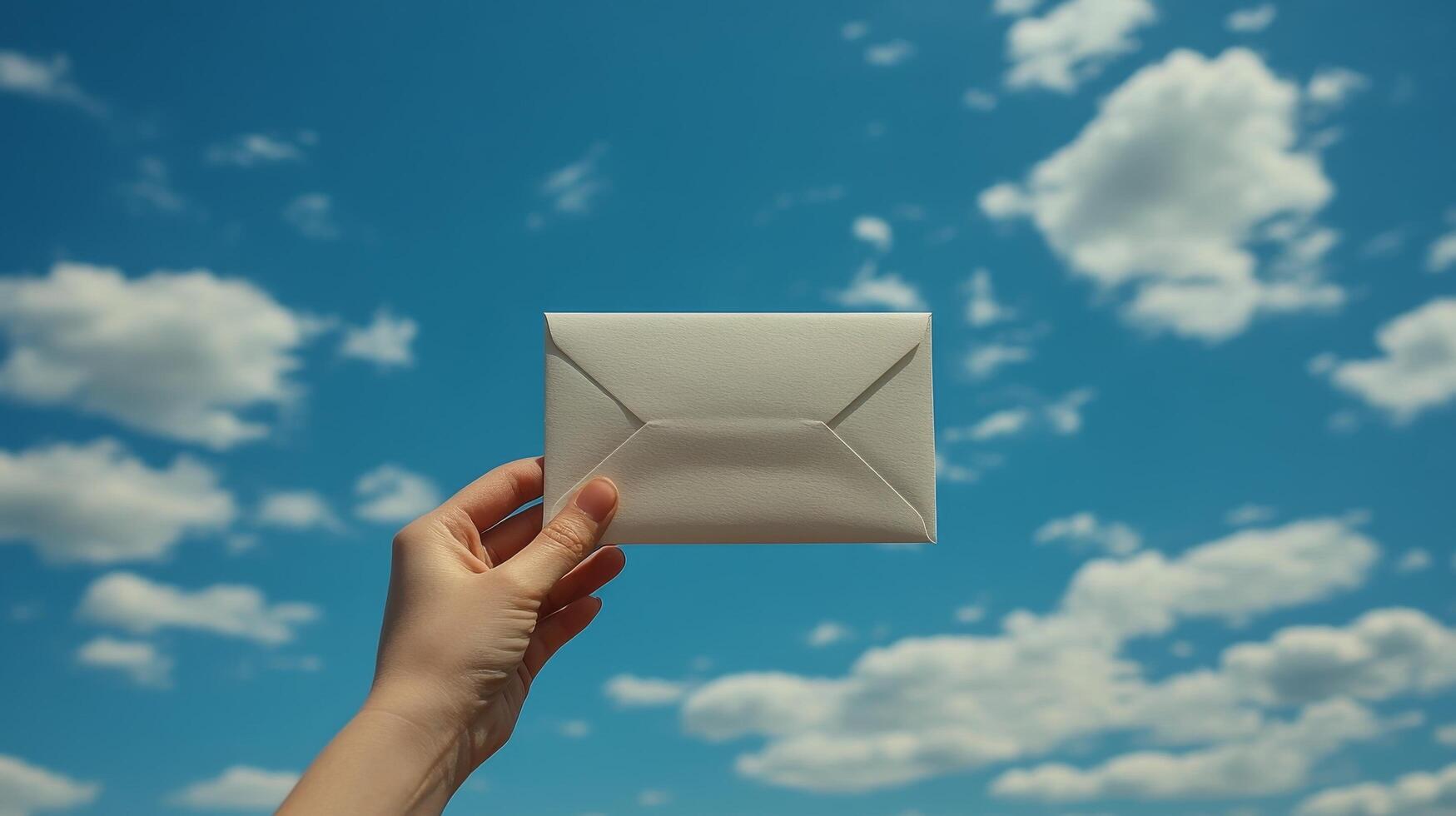 Hand holding white envelope against a blue sky filled with fluffy clouds. photo