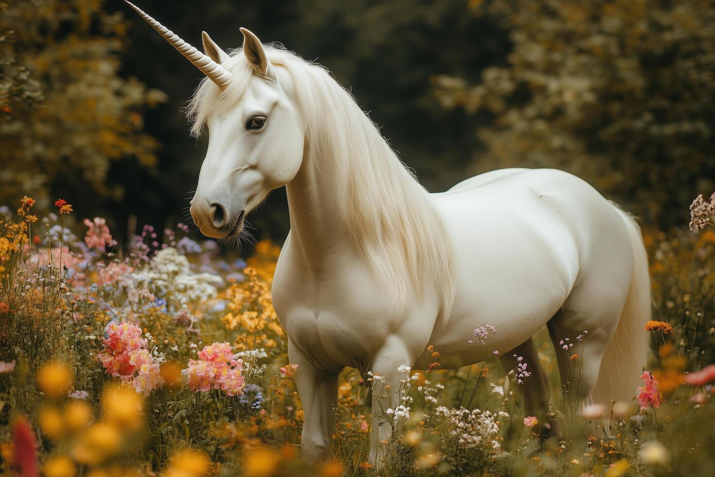 Majestic white unicorn standing gracefully among vibrant flowers in a serene forest setting photo