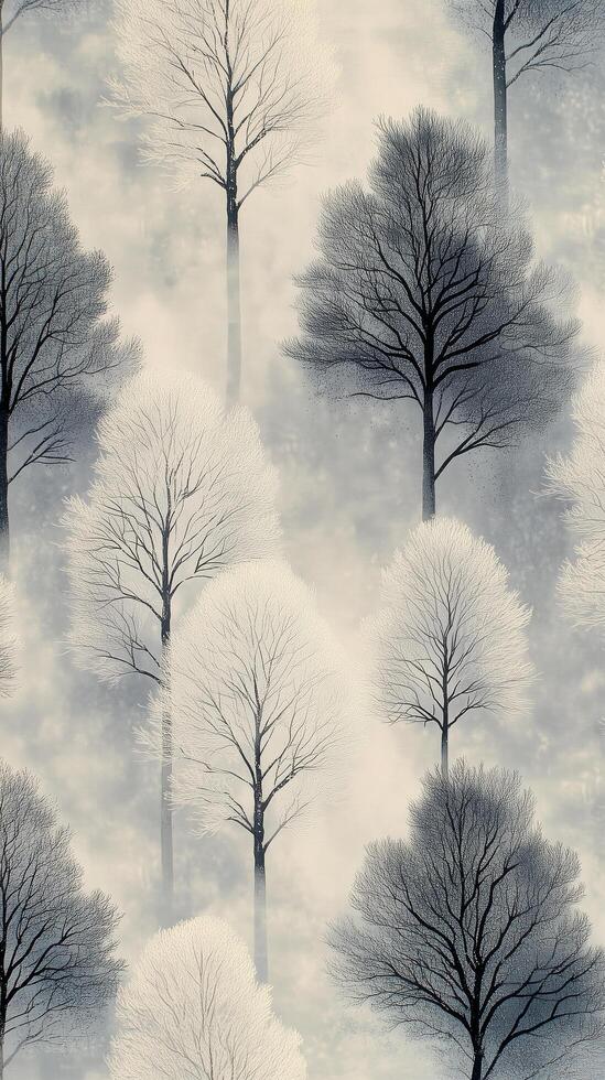 Snow-covered landscape features bare trees arranged in a symmetrical pattern during winter season photo