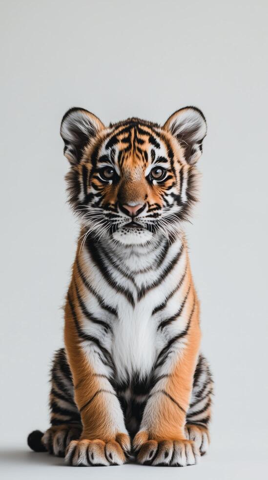 Young tiger cub sitting quietly with bright blue eyes and striking fur pattern in a neutral setting photo