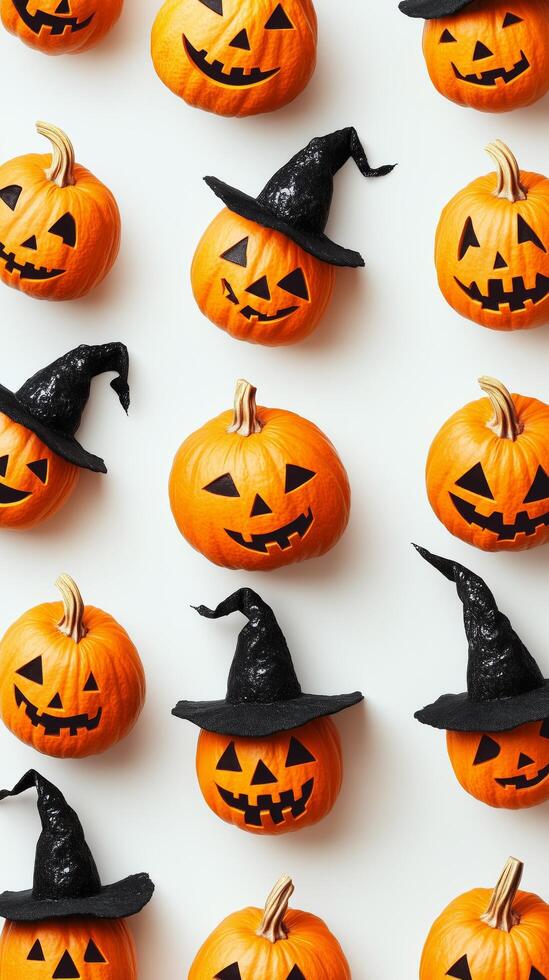 Halloween decorations featuring carved pumpkins and bats on a white background for fall festivities photo