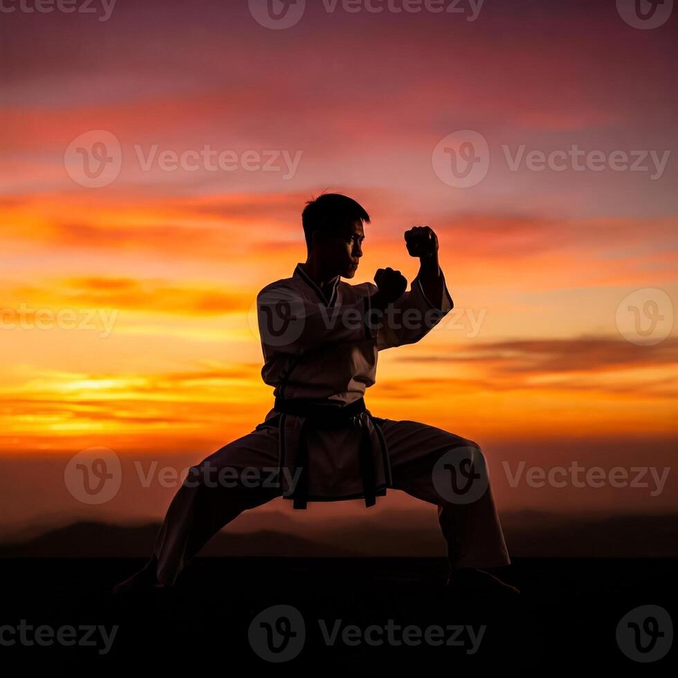 A man in karate gear practicing at sunset photo
