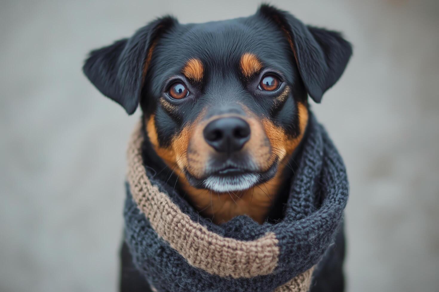Rottweiler in a cozy scarf sitting against a neutral background photo