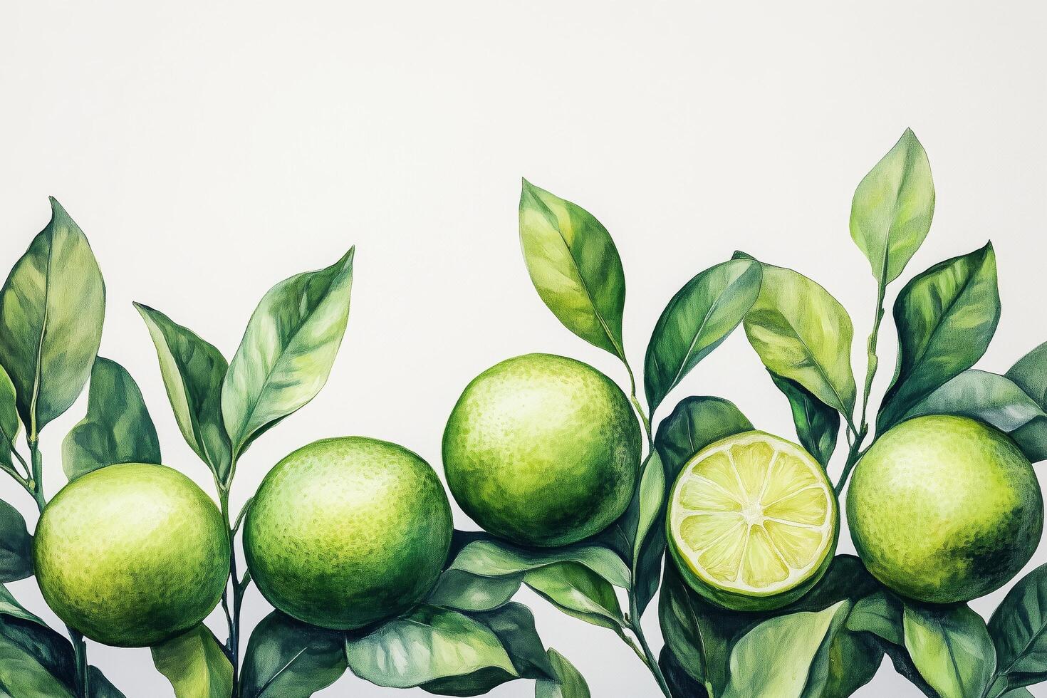 Fresh limes with green leaves arranged on a light surface showcasing their juicy interior photo