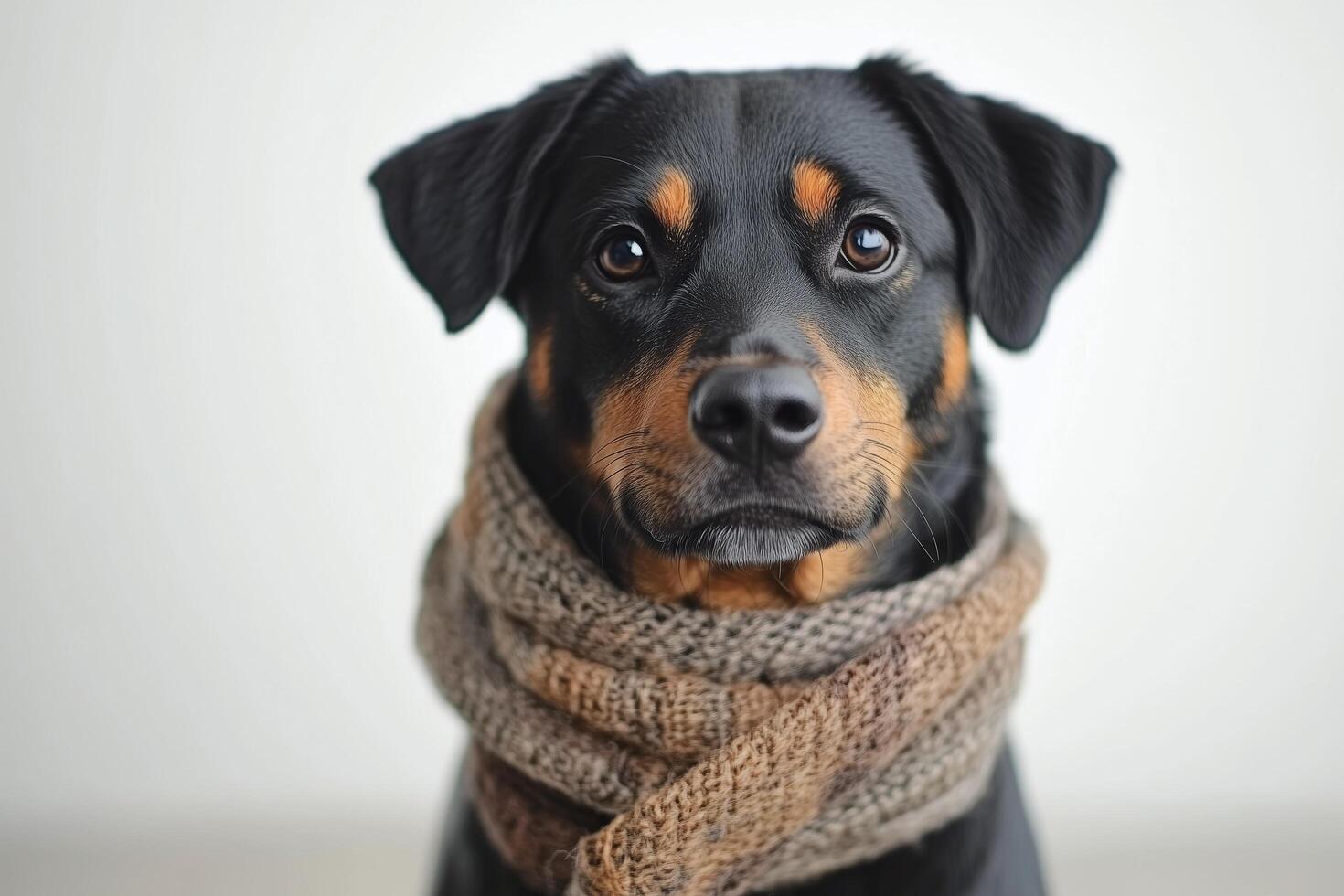 A dog wearing a scarf on a white background photo