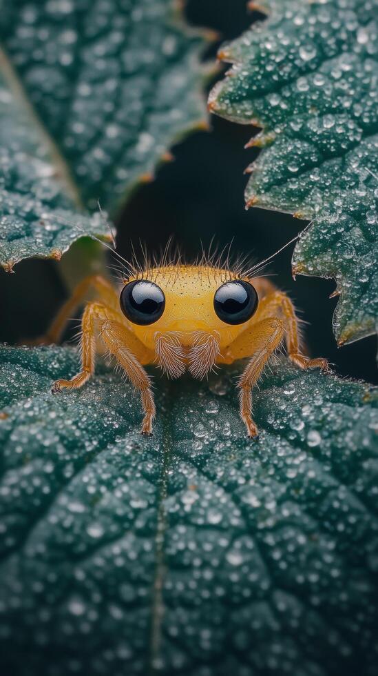 A small yellow spider sitting on a leaf photo