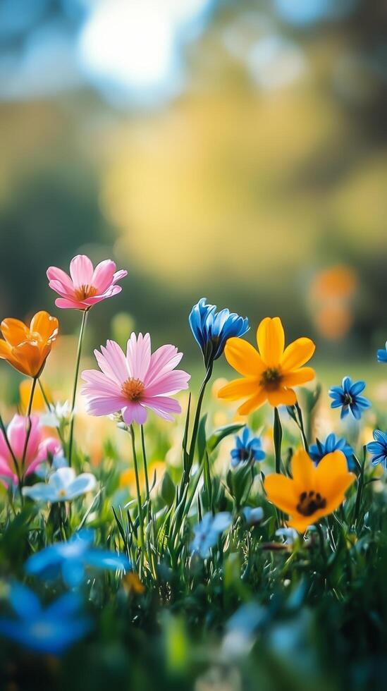 Colorful flowers in the grass with sunlight photo