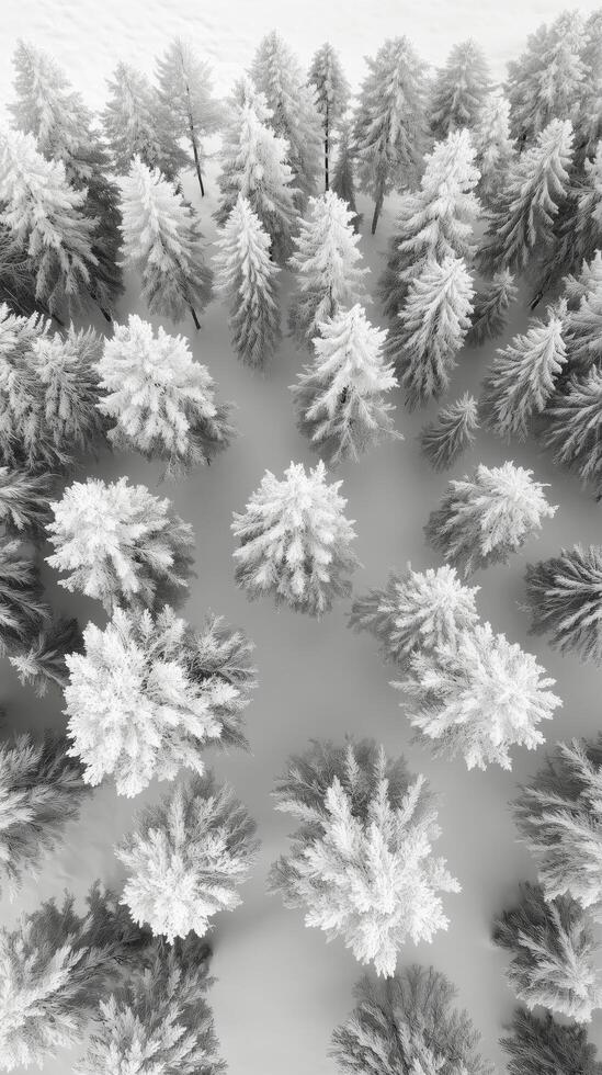 An aerial view of a snowy forest photo
