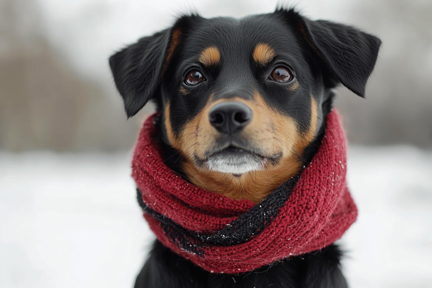 A dog wearing a red scarf in the snow photo