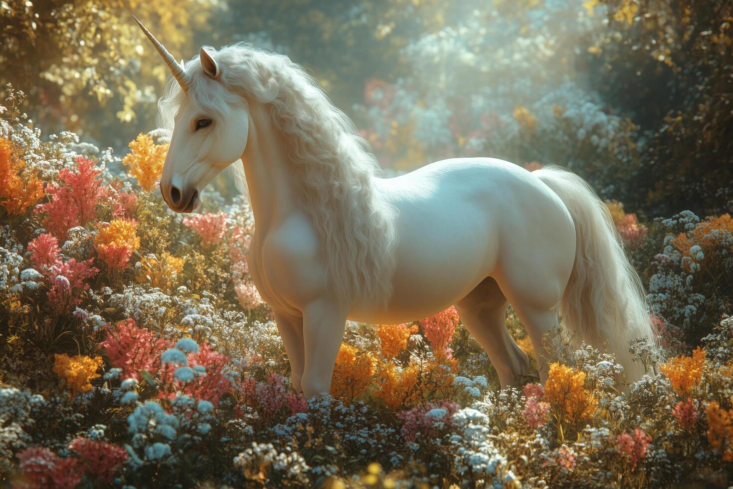 A white unicorn is standing in a field of flowers photo