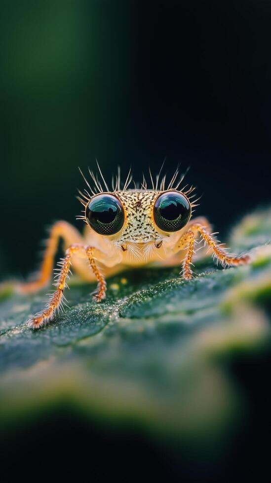 A jumping spider with big eyes on a leaf photo