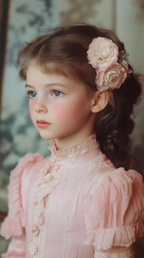A little girl in a pink dress with a flower in her hair photo