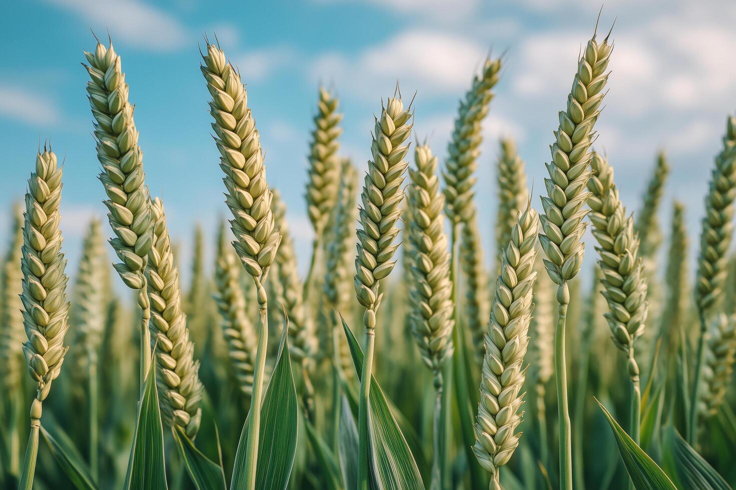 Field of ripening wheat under a blue sky with fluffy clouds in a rural area during summer photo