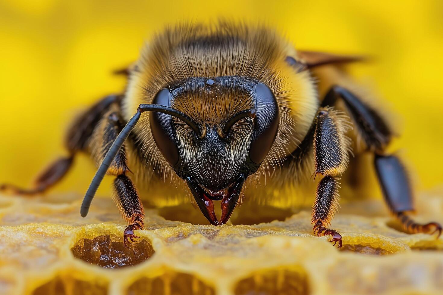 A close up of a bee on a honeycomb photo