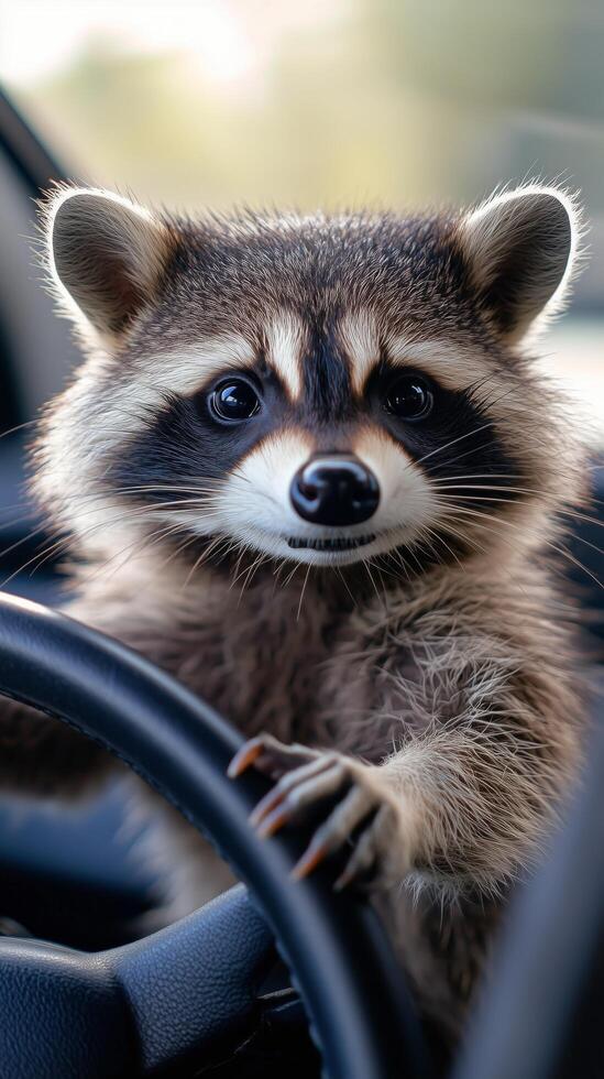 A raccoon is sitting in the driver's seat of a car photo