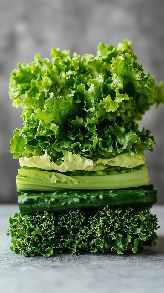 A stack of green lettuce on a table photo