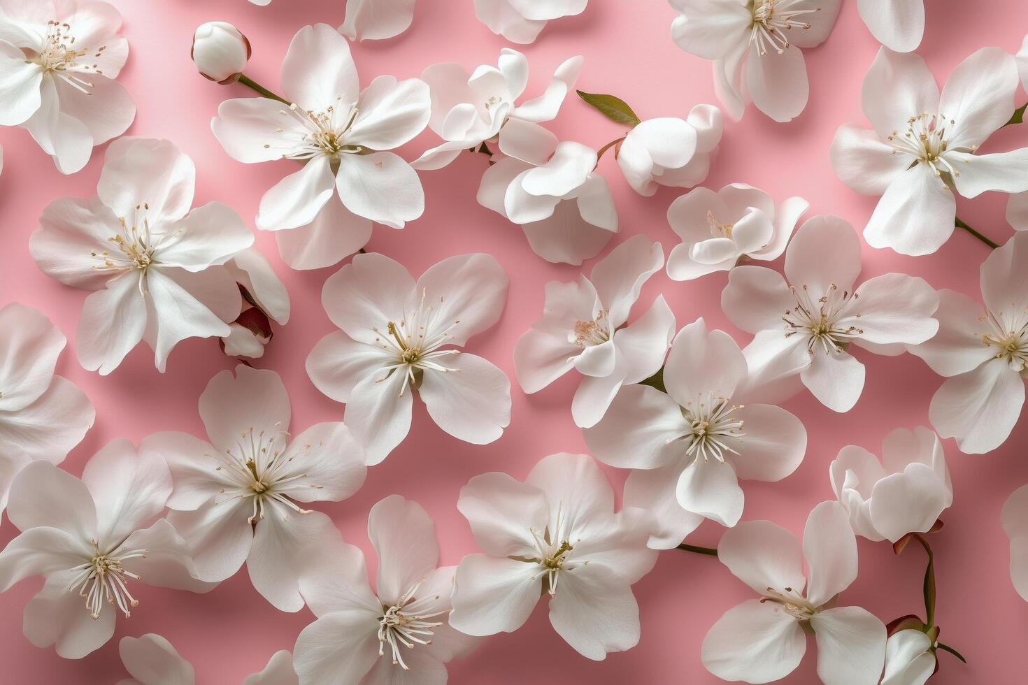 White blossoms scattered on a soft pink background creating photo
