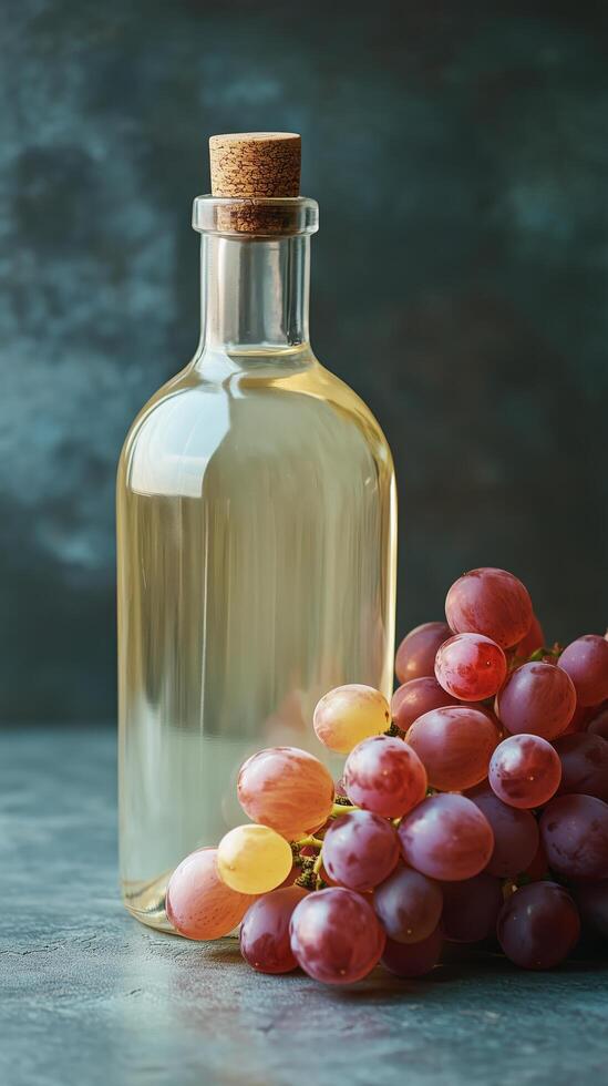 Glass bottle of white wine beside bunch of purple grapes on gray surface. photo