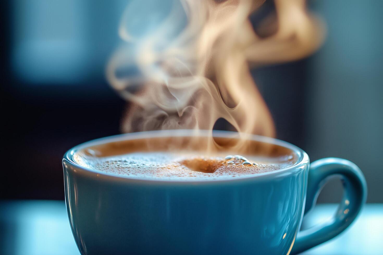 Warm cup of coffee with steam rising indoors in the morning light. photo