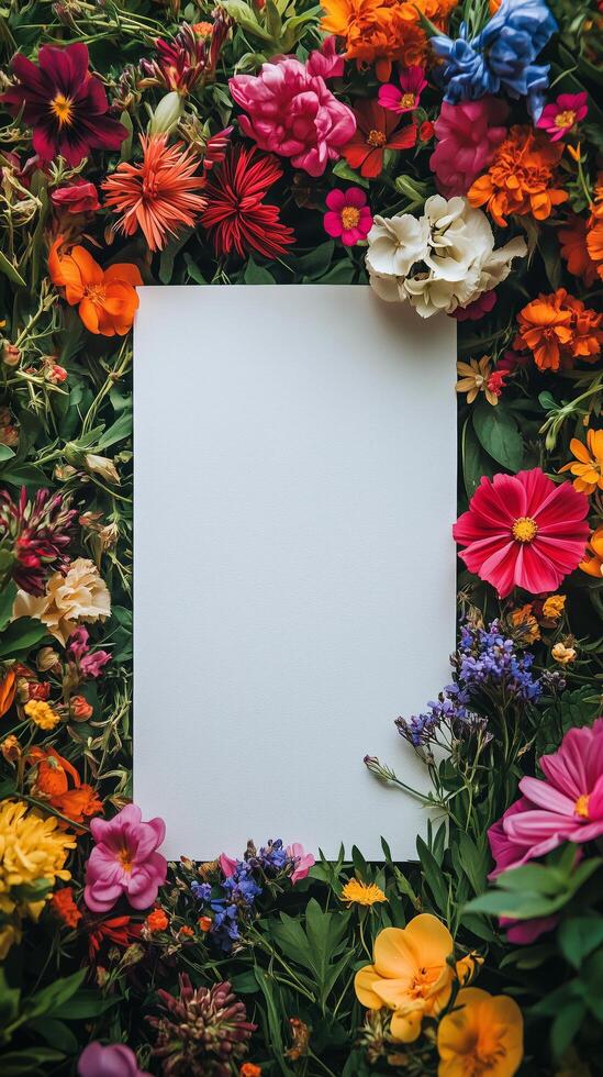 Colorful floral arrangement with blank paper in the center for creative projects and designs. photo