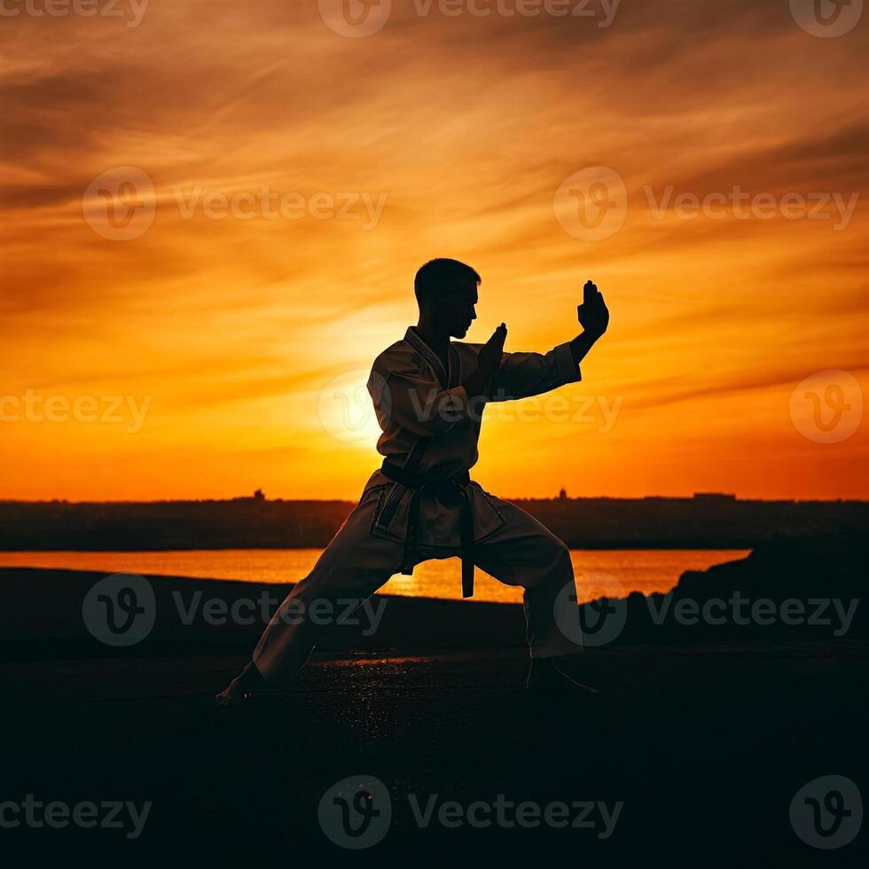 A man in karate gear practicing at sunset photo