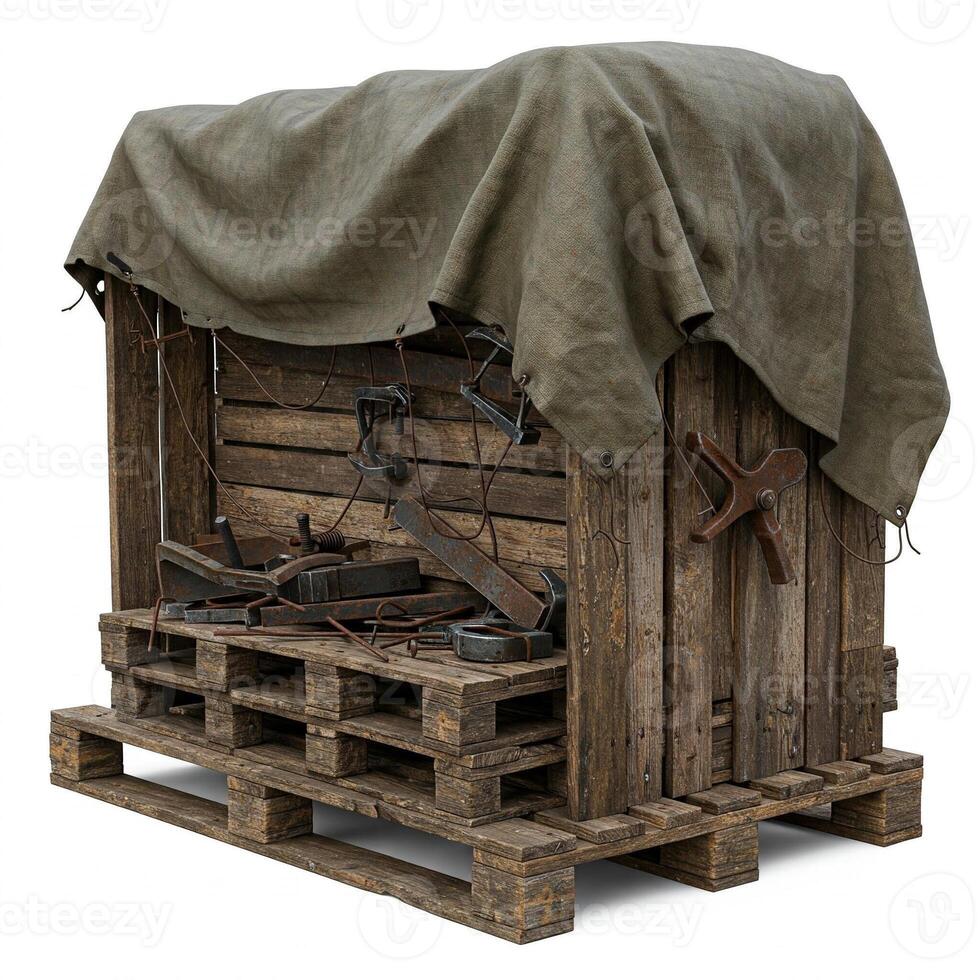 A wooden box with a tarp over it photo