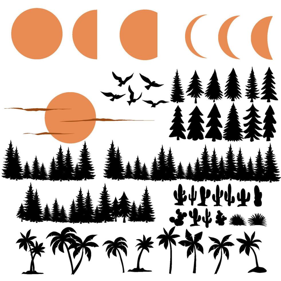 Set of landscape graphic shapes for using in invitation cards, ornaments, wedding invitations, etc. Handmade drawing with bohemian style. vector
