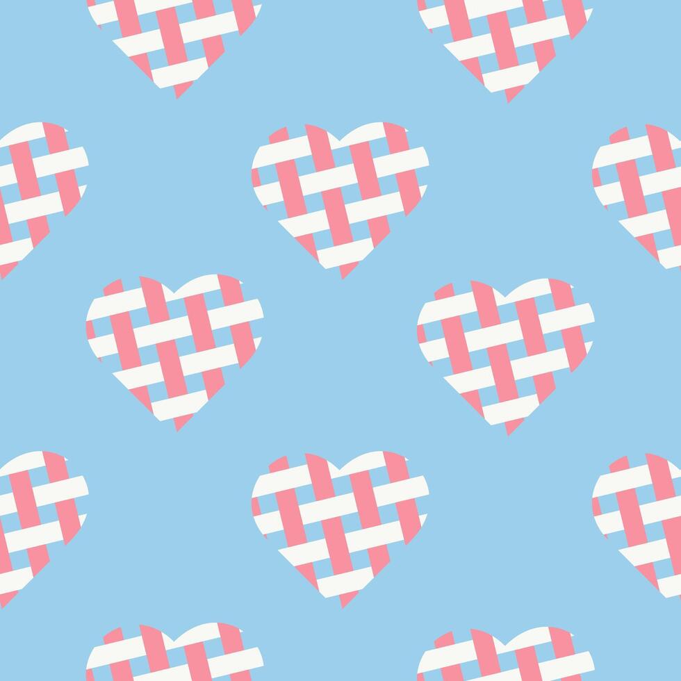 Seamless pattern with hearts made of intertwined stripes. Woven hearts repeating design. vector