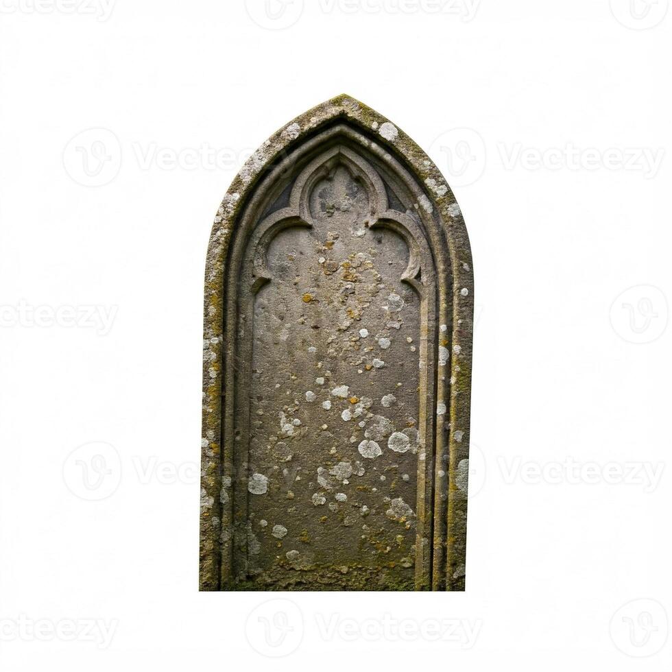 An old stone tombstone with a window in it photo