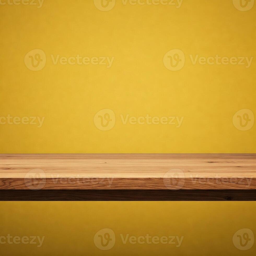 wooden table template, desk mockup, tabletop, front view, isolated on yellow photo