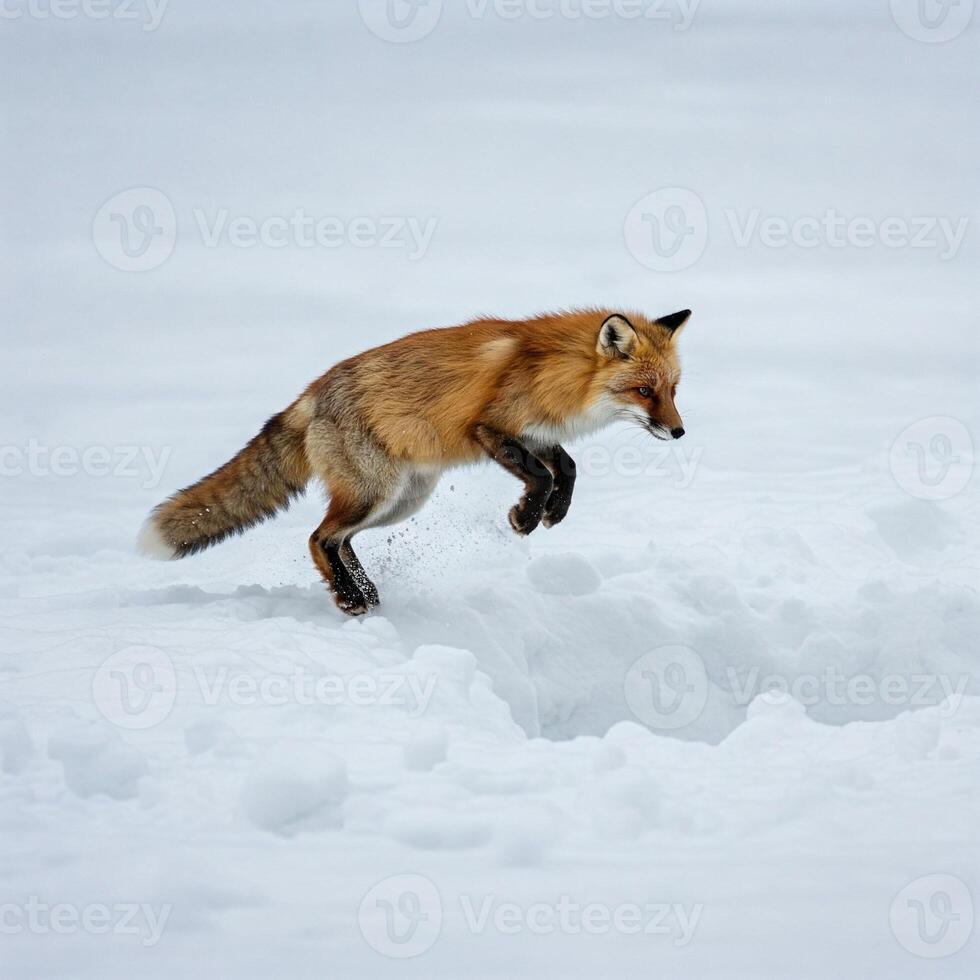 A red fox jumping over a hole in the snow photo