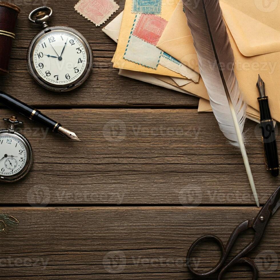 A wooden table with a clock, pen, envelope and other items photo