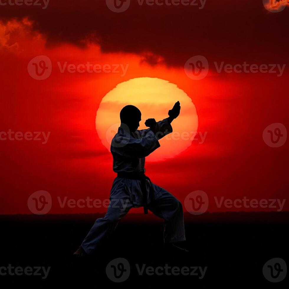 A man in karate stance with the sun setting behind him photo