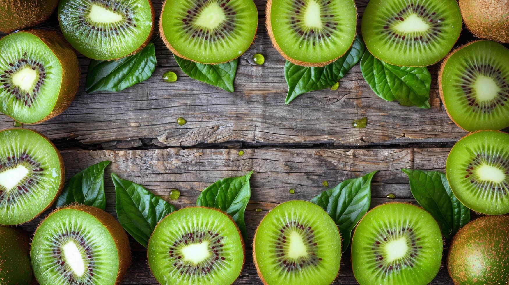 Fresh green kiwi organic fruits on rustic wooden table, close up fresh fruit and green leaves for healthy lifestyle landscape background photo