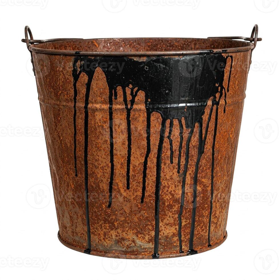 A rusty metal bucket with black paint dripping down the sides photo