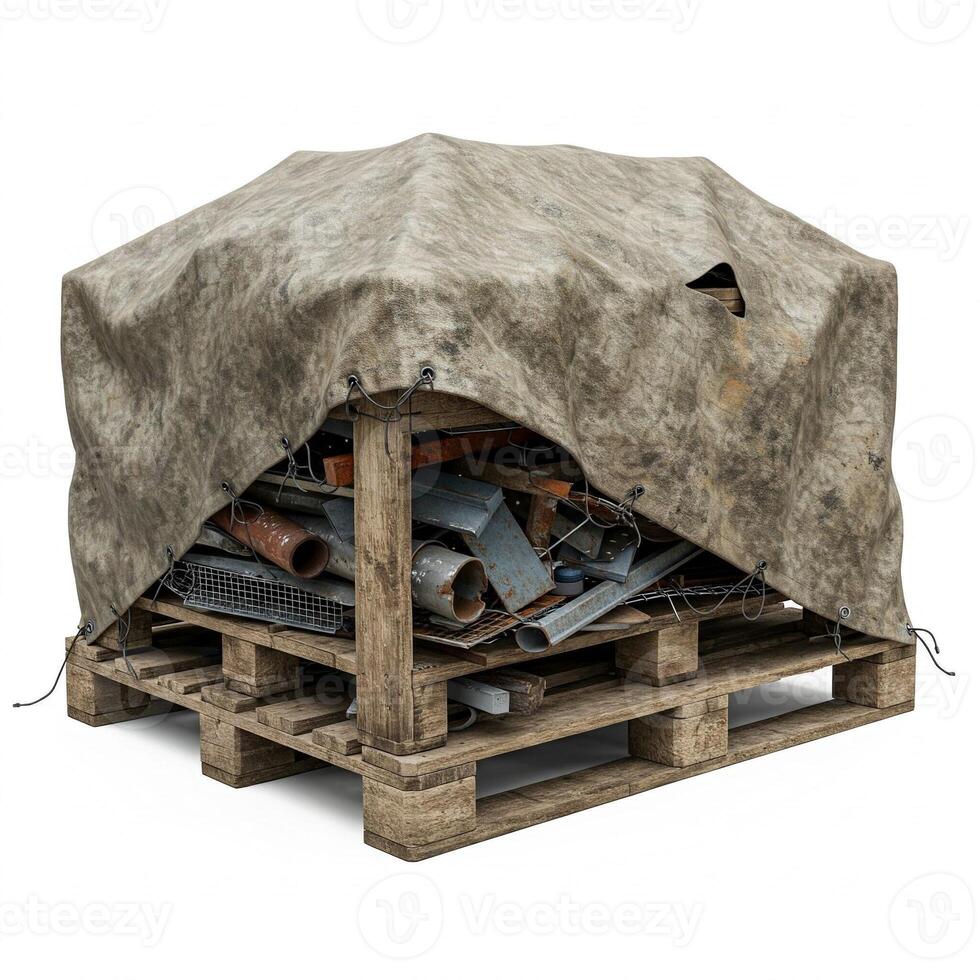 A pile of scrap metal and wood covered in a tarp photo