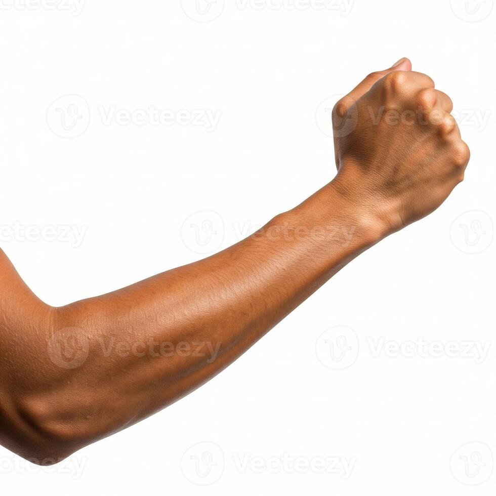 A man's arm is raised up in the air photo