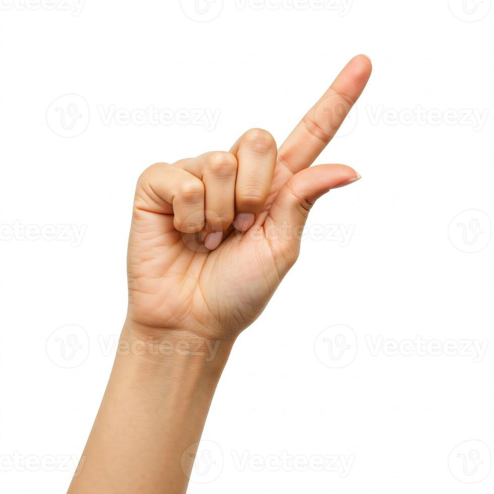 A person's hand pointing up on a white background photo