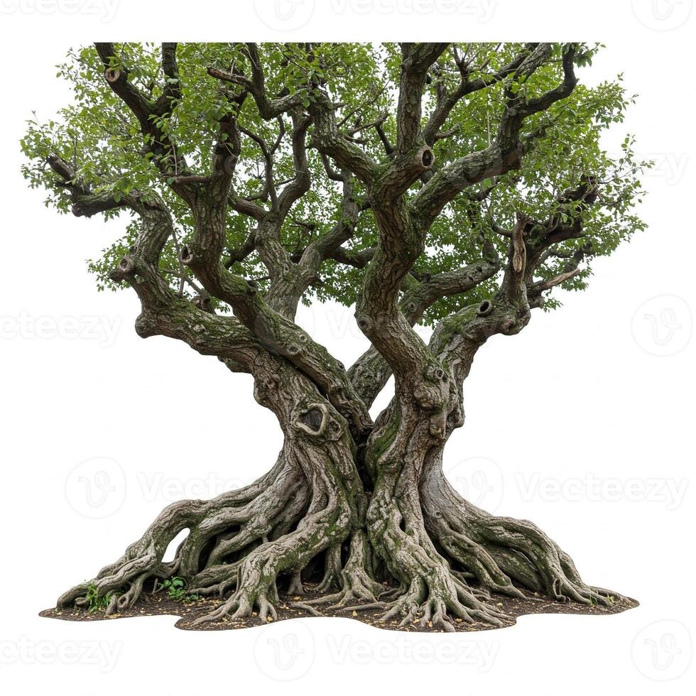 An old tree with roots on a white background photo