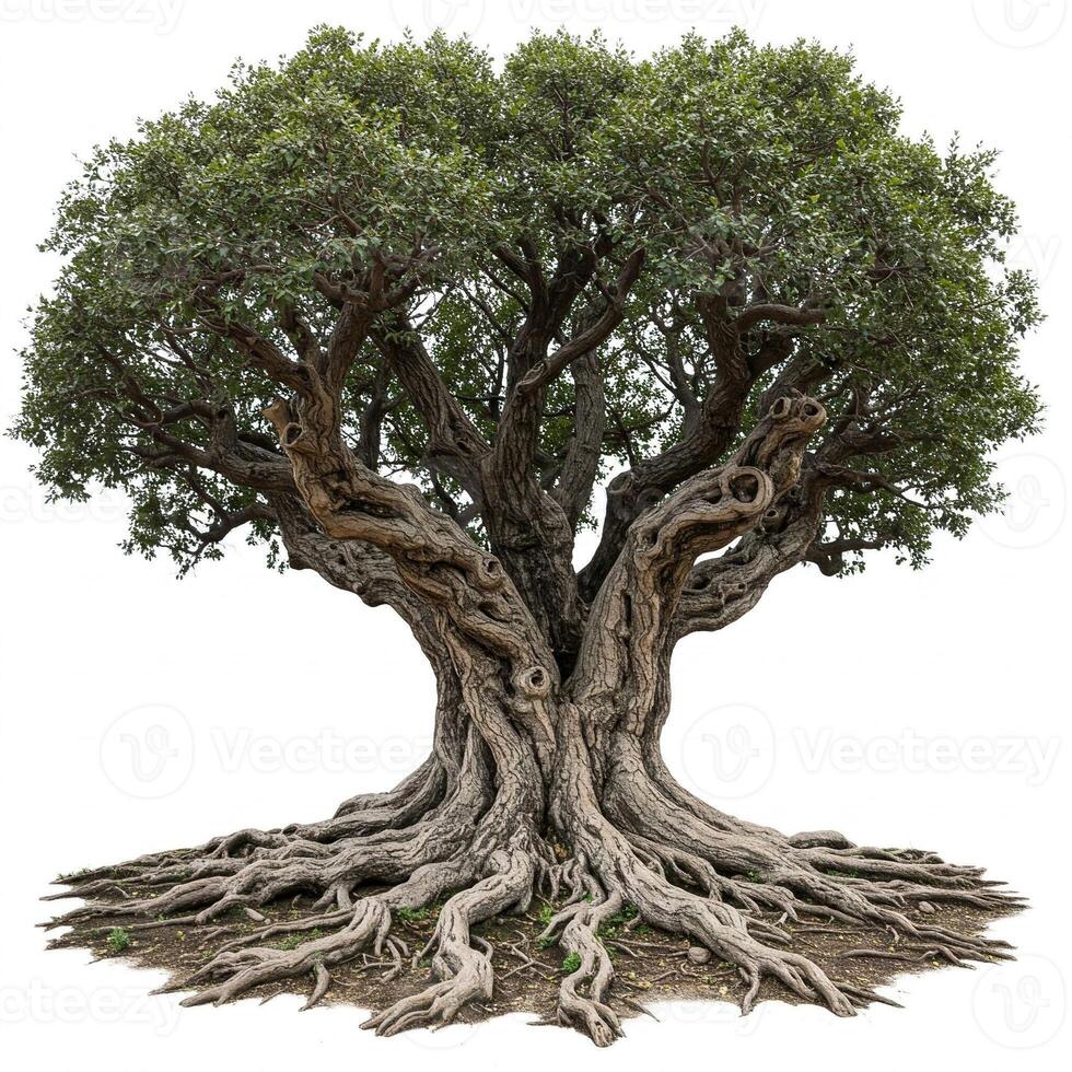 An old olive tree with roots on a white background photo