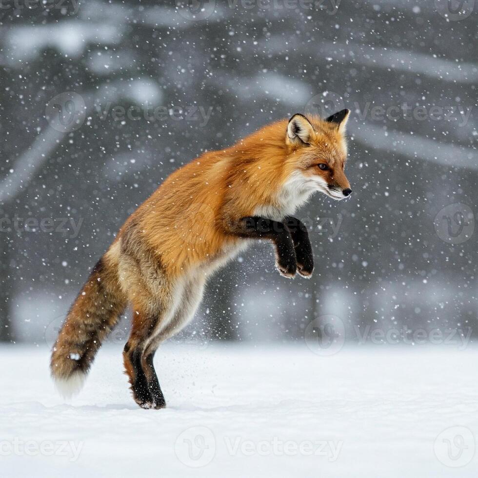 A red fox jumping in the snow photo