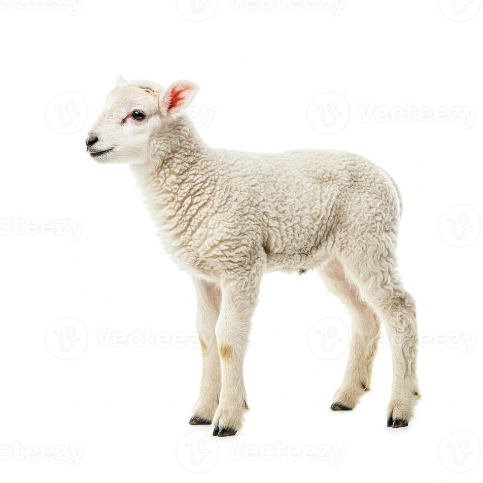 A lamb is standing in front of a white background photo