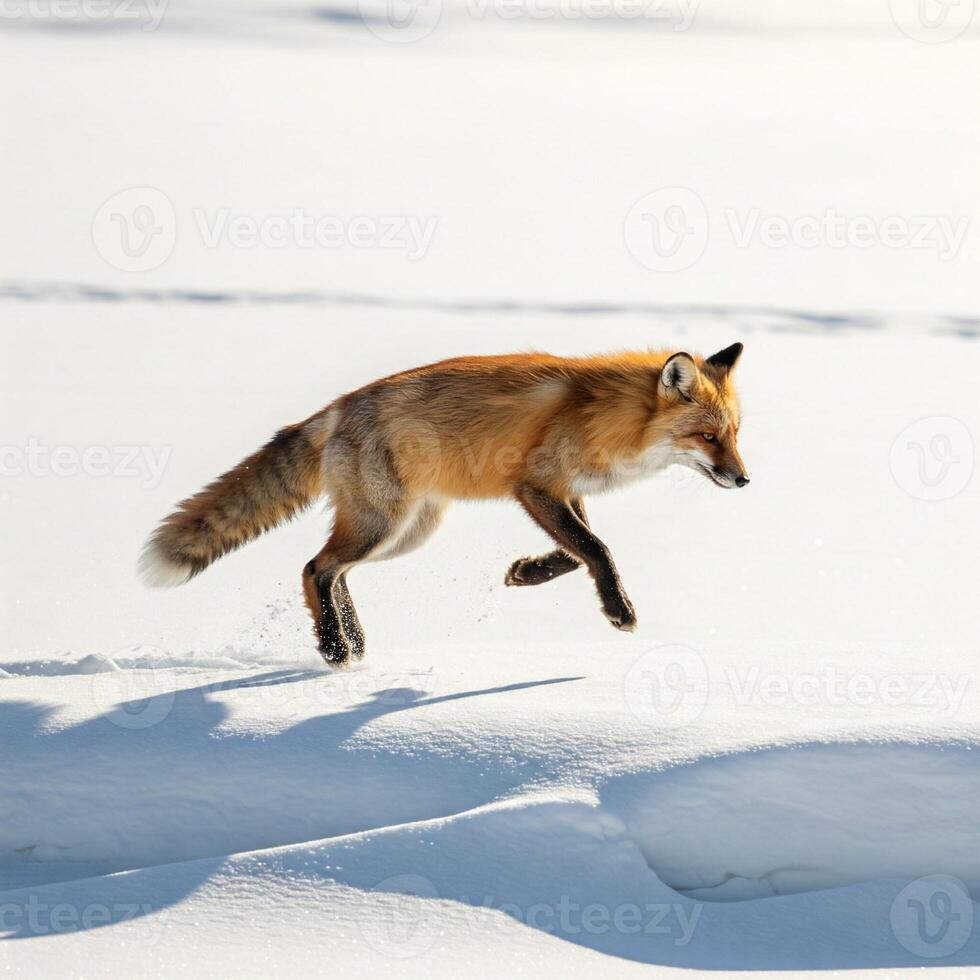 A red fox running across the snow photo