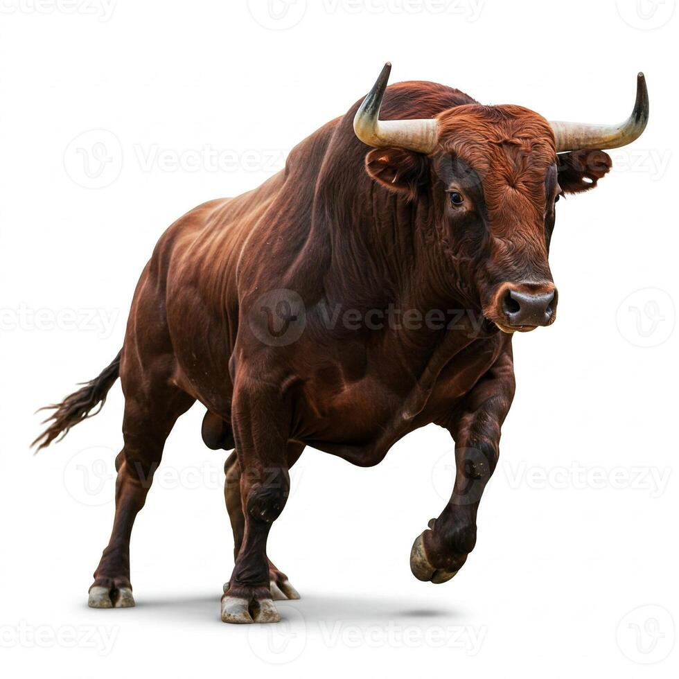 A large brown bull is standing on a white background photo