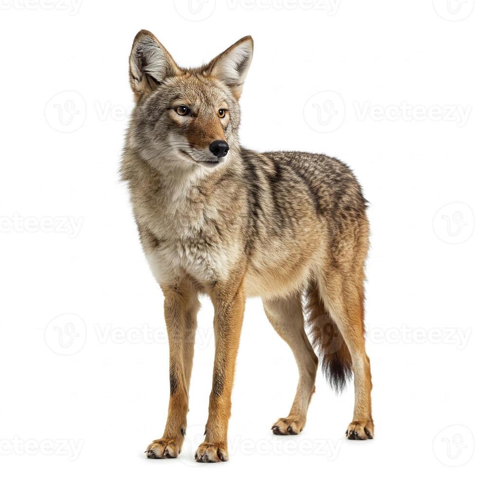 A coyote standing in front of a white background photo