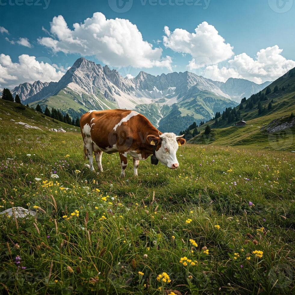 A cow standing in a field with mountains in the background photo