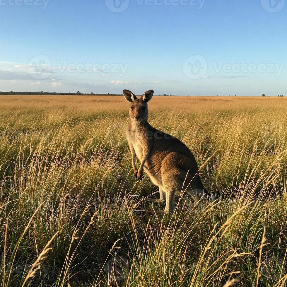 A kangaroo standing in the middle of a grassy field photo