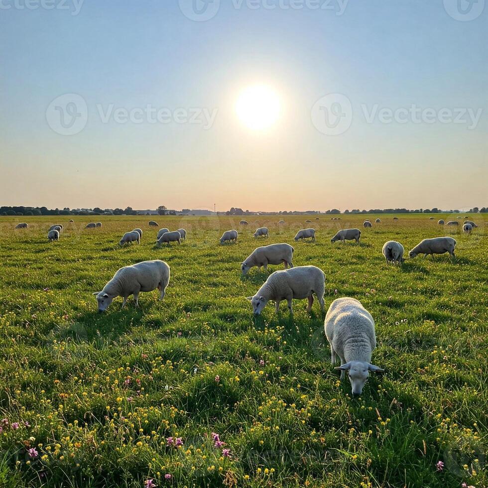 A herd of sheep grazing in a field photo