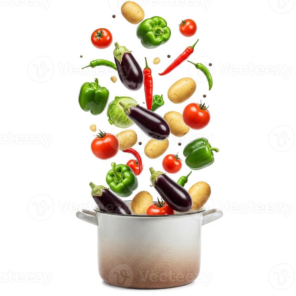 Vegetables flying out of a pot on a white background photo